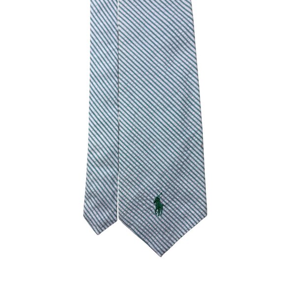 Polo Ralph Lauren Mens Green/White Cotton Striped Tie Embroidered Logo USA Made - Picture 4 of 9